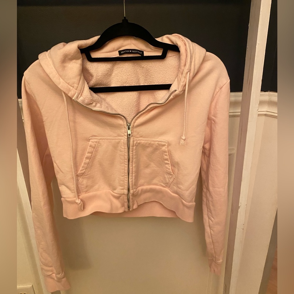 Brandy Melville- pink cropped zip hoodie